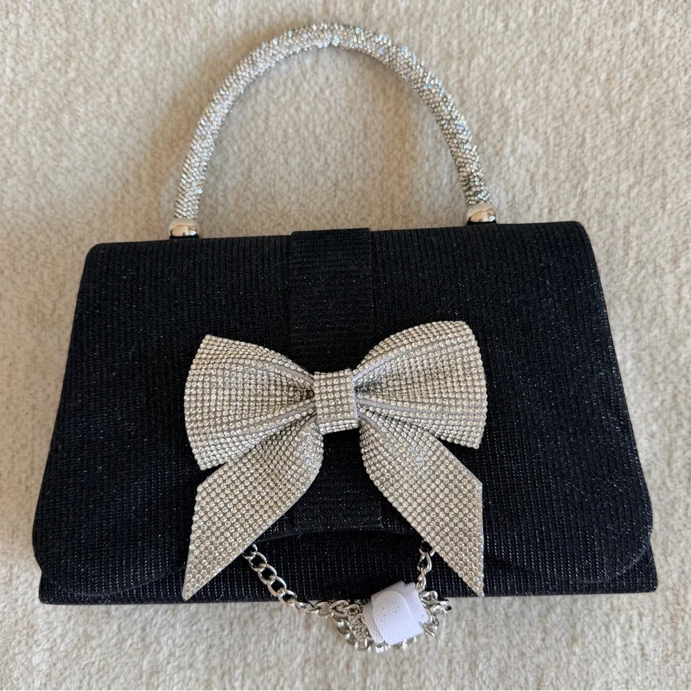 Sincerely Jules Black Evening Bag with Rhinestone Bow & Handle